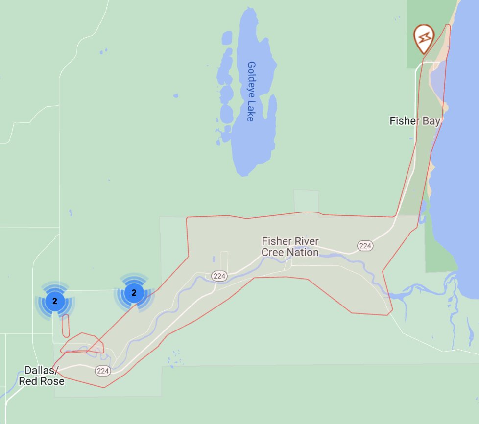 INTERLAKE: we're responding to two different outages — one around Fisher Branch, and the other around Fisher River Cree Nation. In both cases we're dealing with trees on lines, but they're separate outages. No estimated time of restoration yet for either. #mboutage