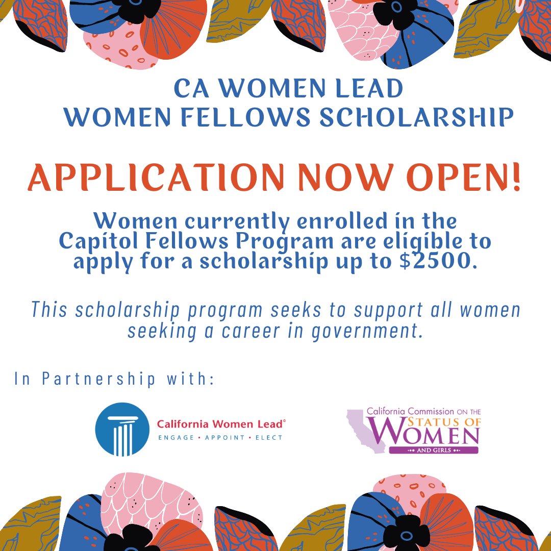 Thrilled to announce that the application period is now open for our Capitol Women Fellows Scholarship Program! 

cawomenlead.org/2024-scholarsh…

Thank you to <a href="/CCSWG/">CA Commission on the Status of Women and Girls</a>  for your continued support and partnership on this stellar program support women leaders in government!
