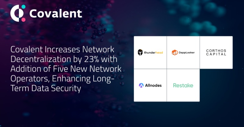 Covalent_HQ's tweet photo. Big shoutout to the 5 newest operators joining the network–@ThunderheadLabs, @dapplooker, Corthos Capital, @restakestaking and @Allnodes 🥳