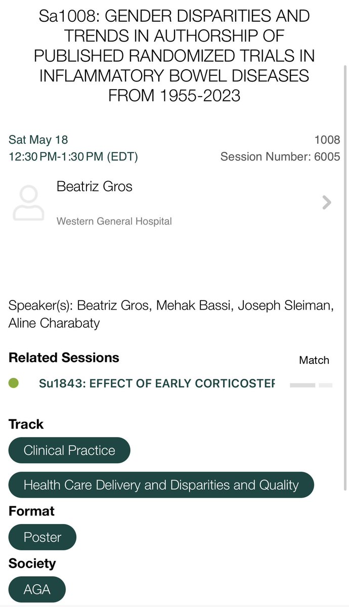 2️⃣ Sat May 18, Poster session 12.30-1.30pm #Sa1008 Grab your ☕️🍪 & join the one & only 💎@Bealoquebea presenting her work on #GenderDisparities in authorship of #IBD RCT along w @JosephHabibi_MD @BassiMehak ⭐️& let’s talk about closing this gender gap together @DDWMeeting