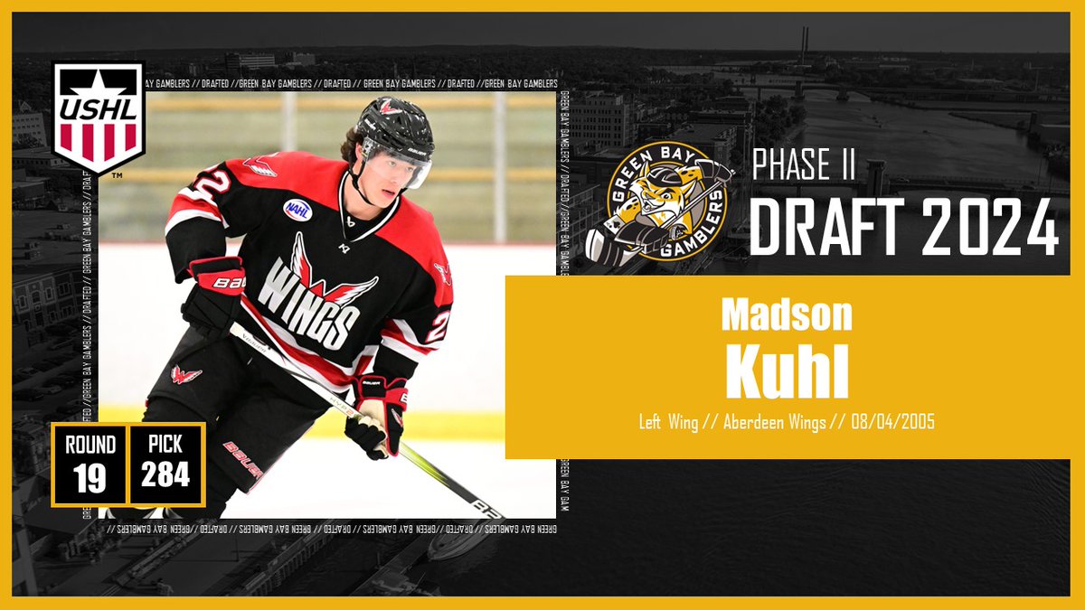 Gamblers select Madson Kuhl in the 19th round. Kuhl played 42 games with the Aberdeen Wings, tallying 12 goals and 7 assists. #GoGamblers