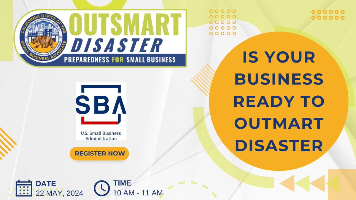 Please join our webinar on May 22nd at 10 AM PST to hear from the following experts who can help your business OUTSMART DISASTER! Register here: eventbrite.com/e/894633140807…