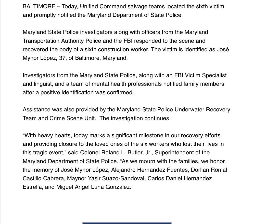 BREAKING: Sixth victim found six weeks after Key Bridge collapse. The victim is identified as José Mynor López, 37, of Baltimore, Maryland. @wjz
