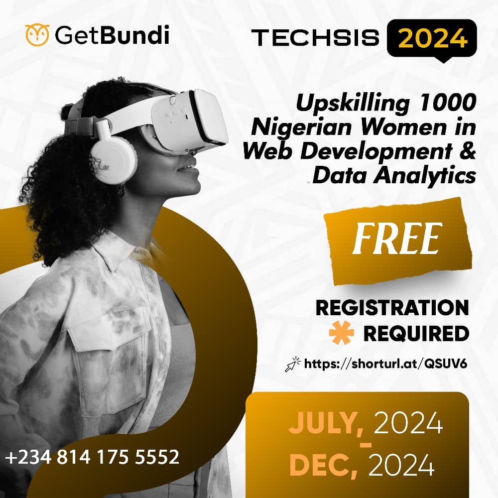 GetBundi TechSis Free Digital Skills Training 2024

Available skills:

- Web Development
- Data Analytics

No. of slots: 1,000 for women only
Date: July - Dec., 2024
Location: Remote

Apply: dixcoverhub.com/getbundi-techs…