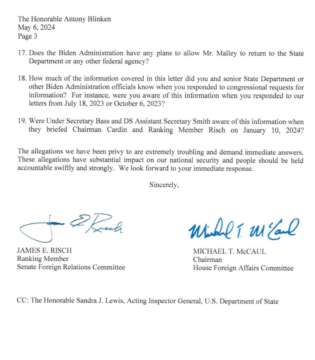 #BREAKING: Top Republicans wrote to Blinken about suspended Iran Envoy Rob Malley: “We understand Mr. Malley’s clearance was suspended because he allegedly transferred classified documents to his personal email/cell phone” which were then stolen by a hostile cyber actor.