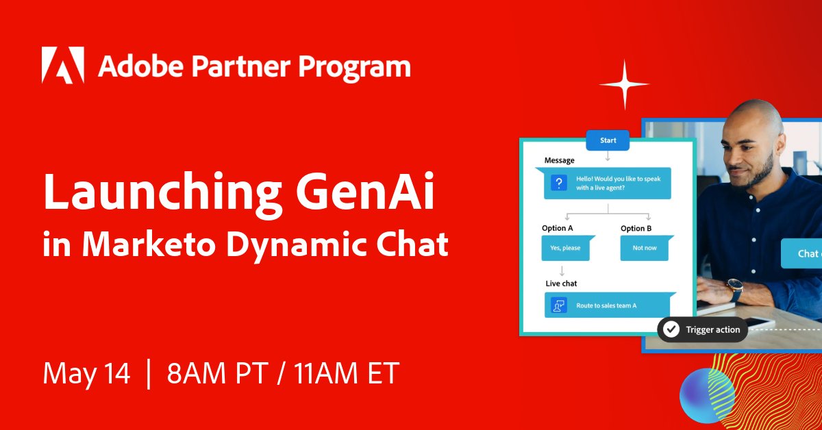 🚨 #GenAI is coming to Marketo Dynamic Chat 🚨 #AdobePartners, get registered for this upcoming webinar on May 14 where we will showcase the latest innovations in B2B conversational marketing made possible by GenAI. 

Learn more and sign up: adobe.ly/3QYdBIH