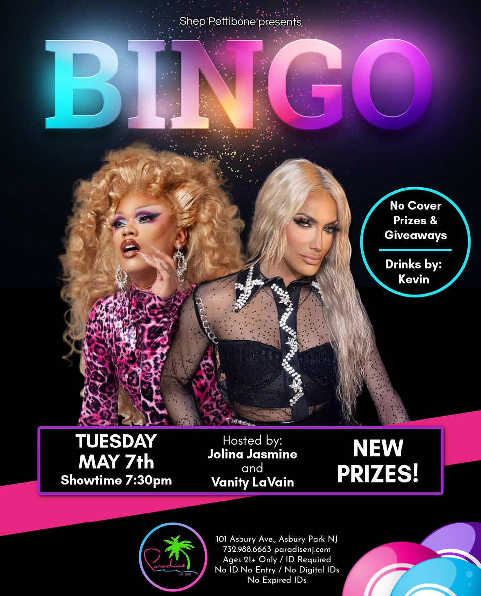 Bingo - Tuesday, May 7th 😃💖🌴 Hosted by: Jolina Jasmine & Vanity LaVain Drinks : Kevin - Showtime: 7:30pm Drag Queen Visibility Day 😍👑 #paradisenj #asburypark #asburyparknj #dragqueen #dragqueens #lgbt #drag #gay #dragqueenbingo #DragRace @ILoveGayNJ @JolinaJasmine1