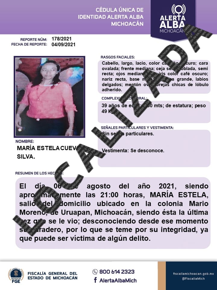 🟣📢 Informamos que MARÍA ESTELA CUEVAS SILVA sido localizada. Gracias por tu apoyo. #AlertaAlba #AlertaAlbaMichoacán #FGEMich @BotDesaparecidx