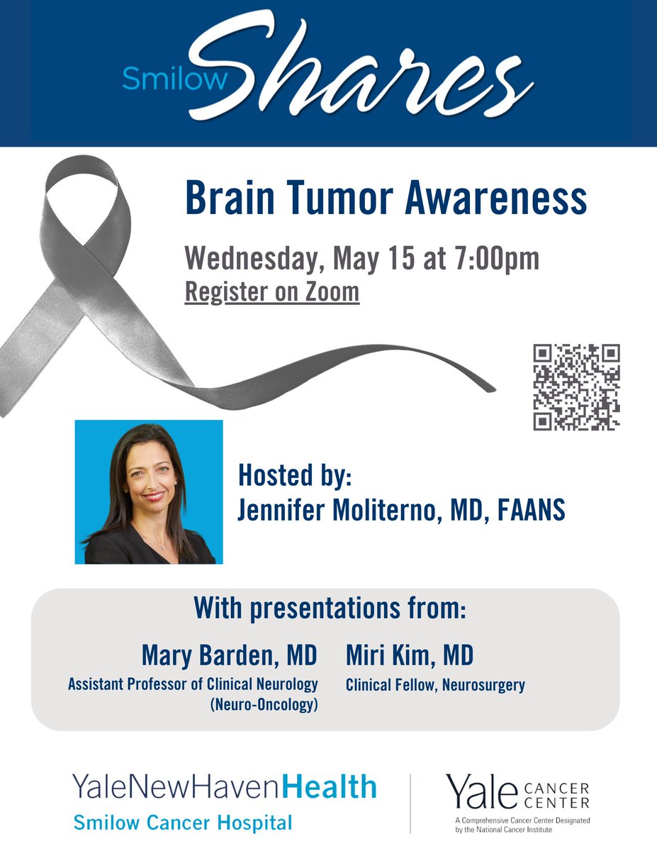 Register for our free webinar: ➡️Smilow Shares: #BrainTumorAwareness ➡️Wednesday, May 15 ➡️7:00pm Hosted by Dr. Jennifer Moliterno, MD, FAANS, with presenters @MaryMBarden and Miri Kim, MD. Register ⬇️ yale.zoom.us/.../register/W… @YaleCancer @YaleMed @YNHH @YNeurosurgery