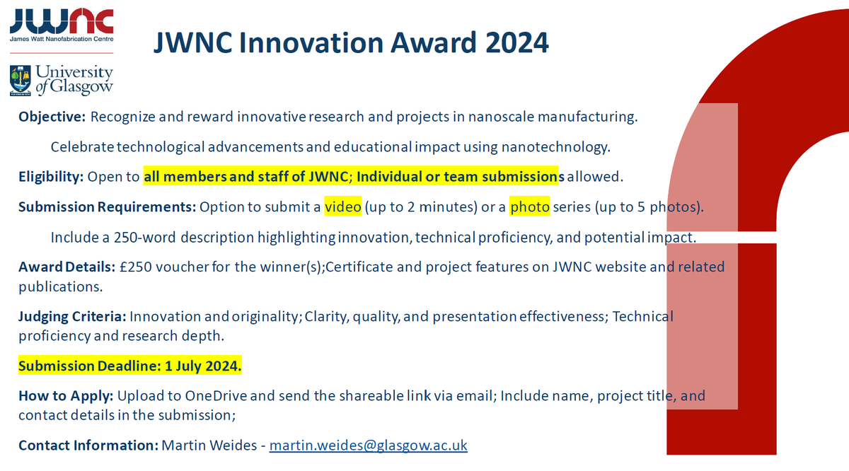 🔬 Celebrate nanofab innovation with the JWNC Innovation Award 2024! Open to all #JWNC members & staff. Showcase your cutting-edge projects in nanoscale manufacturing. Win a voucher! 🏆 Submit by July 1. #Nanofabrication #TechInnovation #JWNC2024 @UofG_JWNC @UofGEngineering