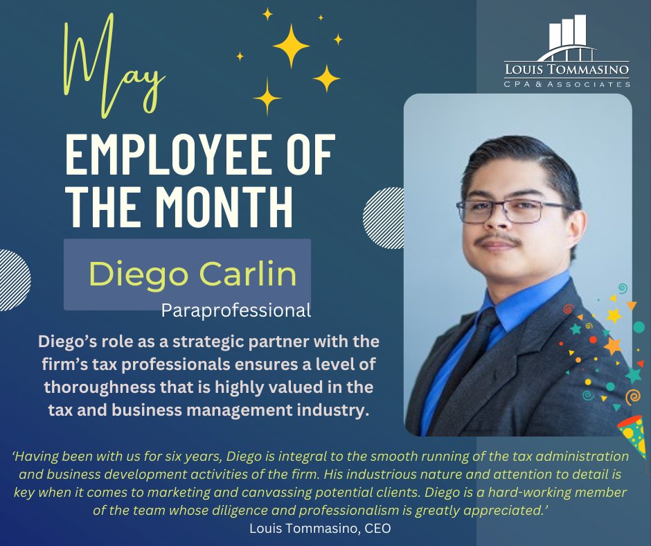 Congratulations to Diego Carlin! 

#eotm #employee #EmployeeEngagement #eotmmay #may #employees #tax #CPA #Congratulations #award #workaward #paraprofessional #taxprofessional #diligent #industrious #Hardwork