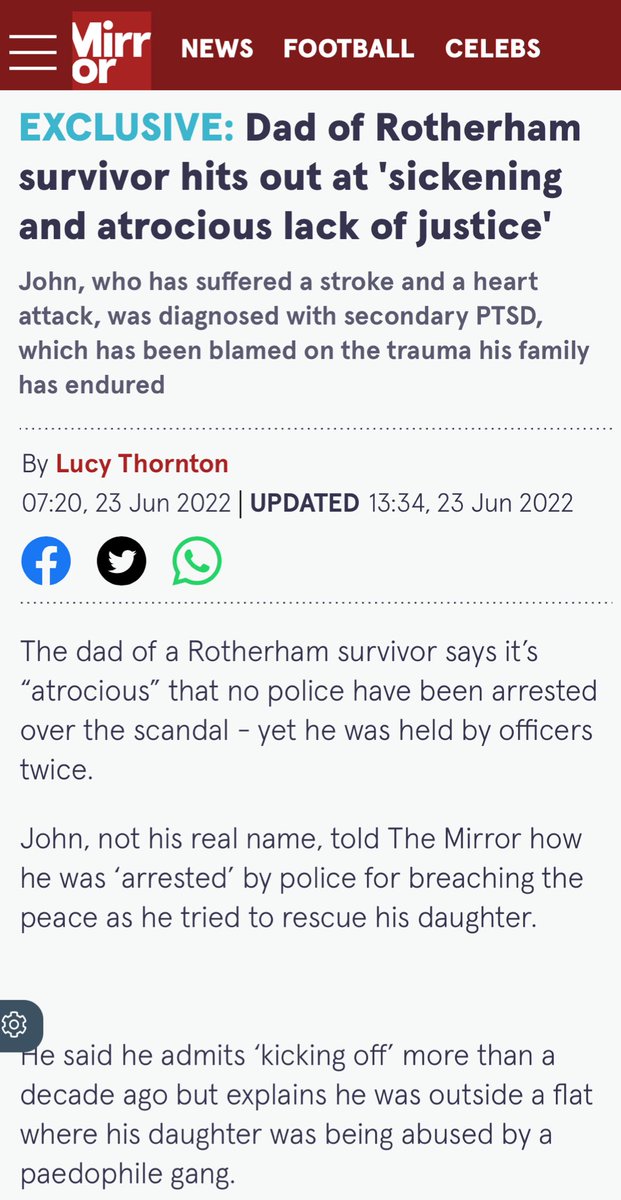 In Rotherham a father who went to try to rescue his daughter from being raped by a grooming gang was arrested by police for breaching the peace.