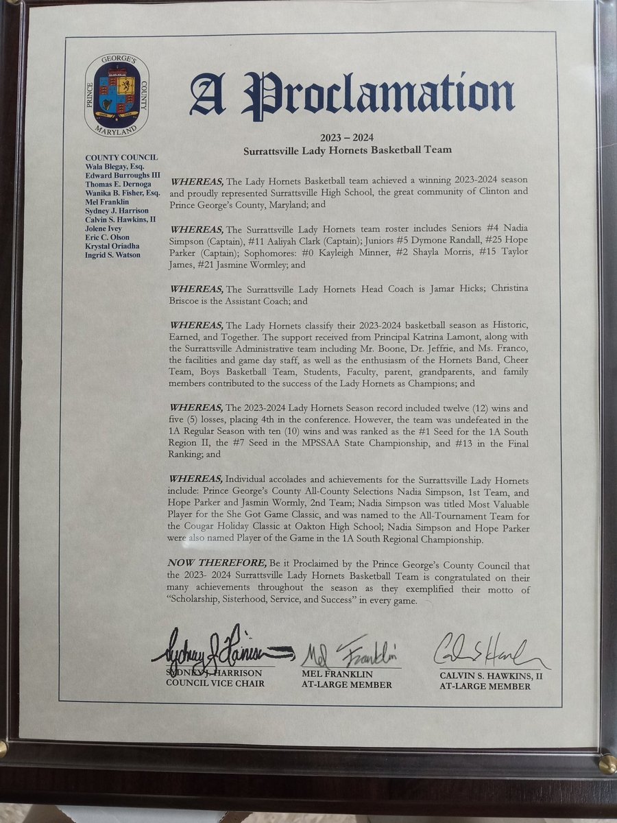 🏆1A Regional Championship Proclamation Ceremony🏆

Thank you, Prince George's County Council, for the recognition and hosting us today.  

🗣️Surrattsville..HORNETS 🐝