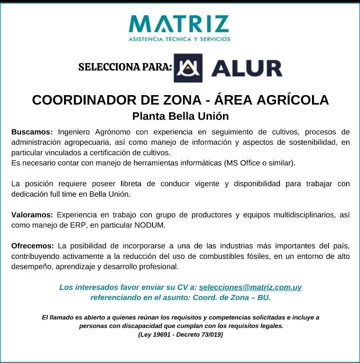 Oportunidad Laboral Ingenieros/as Agrónomos  para ALUR