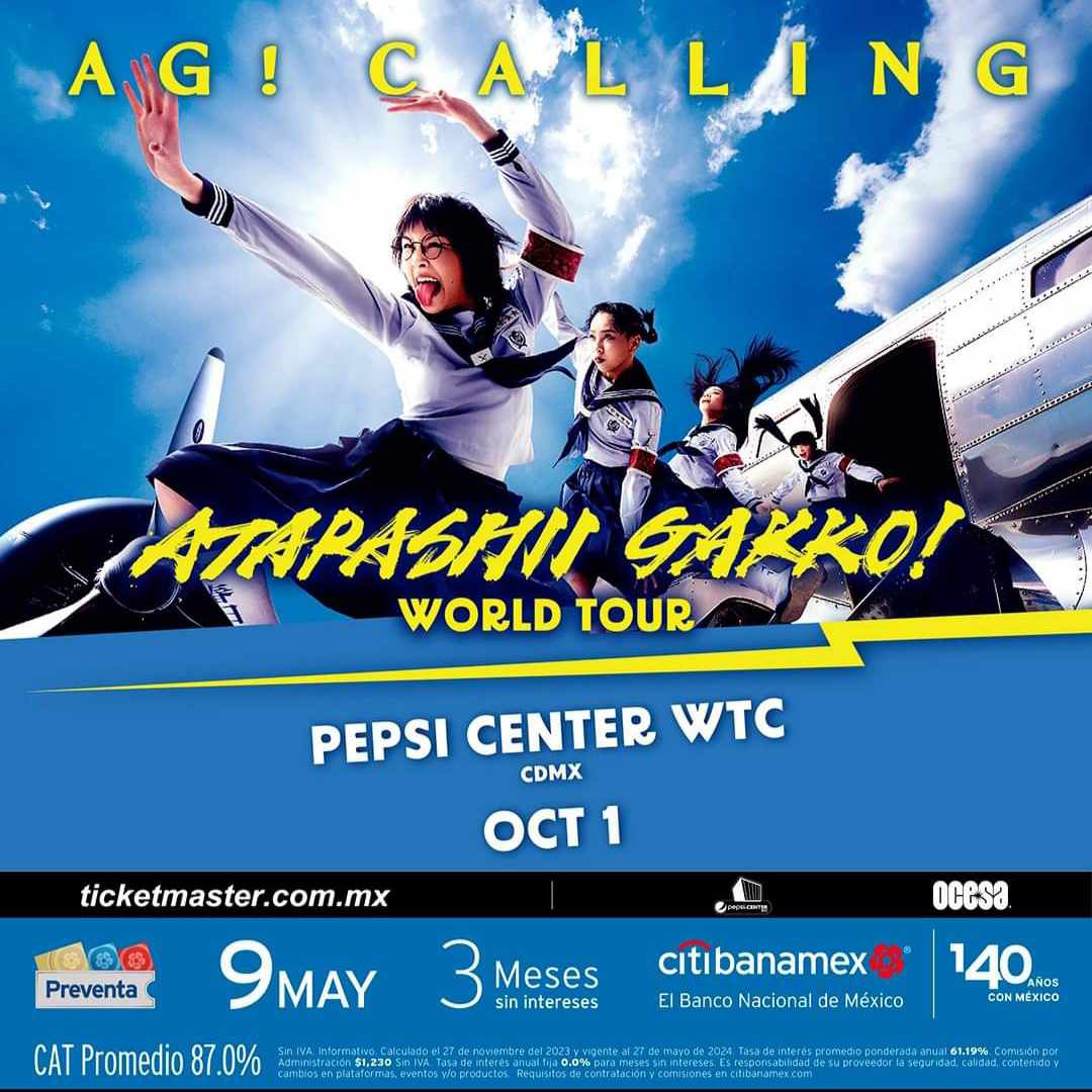 🚨🚨🚨 ¡Atarashii Gakko! regresa a la CDMX! 🚨🚨🚨 Después de su presentación en el Corona Capital, ahora darán un concierto en el Pepsi Center WTC el próximo 1 de octubre. La preventa Citibanamex será el 9 de mayo a través de Ticketmaster.