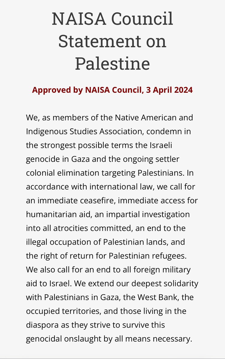 “We, as members of the Native American and Indigenous Studies Association, condemn in the strongest possible terms the Israeli genocide in Gaza and the ongoing settler colonial elimination targeting Palestinians.” @NAISA__ naisa.org/about/council-…