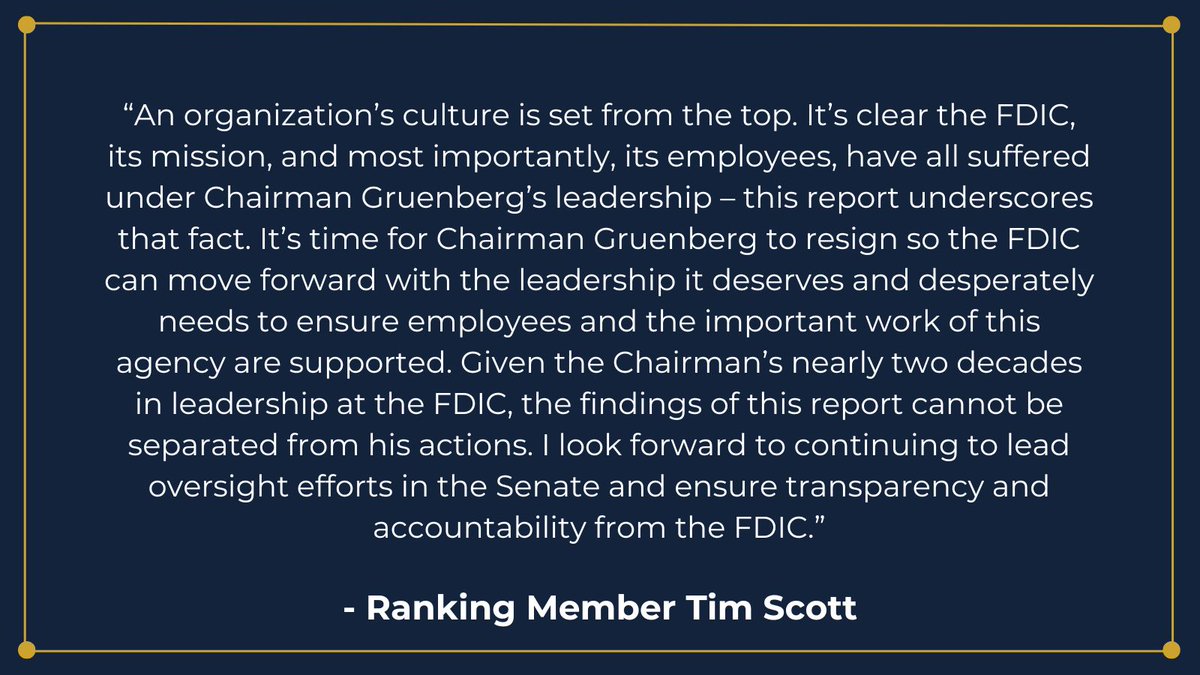 .@SenatorTimScott issued the following statement after @FDICgov released a report investigating allegations of sexual harassment and a toxic work culture at the agency. 🔗banking.senate.gov/newsroom/minor…