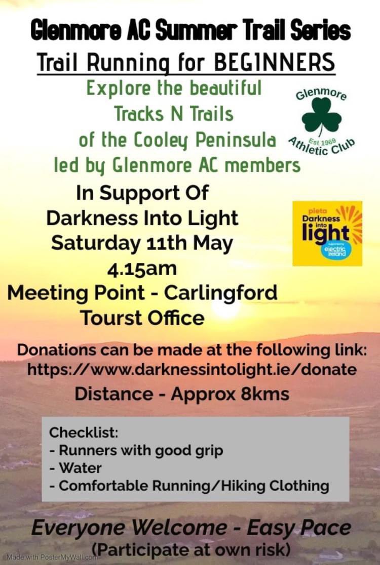 All welcome Glenmore ac members and non members 🗓️Saturday 11th May ⏰ 4.15AM 📍Tourist Office Carlingford darknessintolight.ie/donate photo credit: Clodagh @Anam Tours