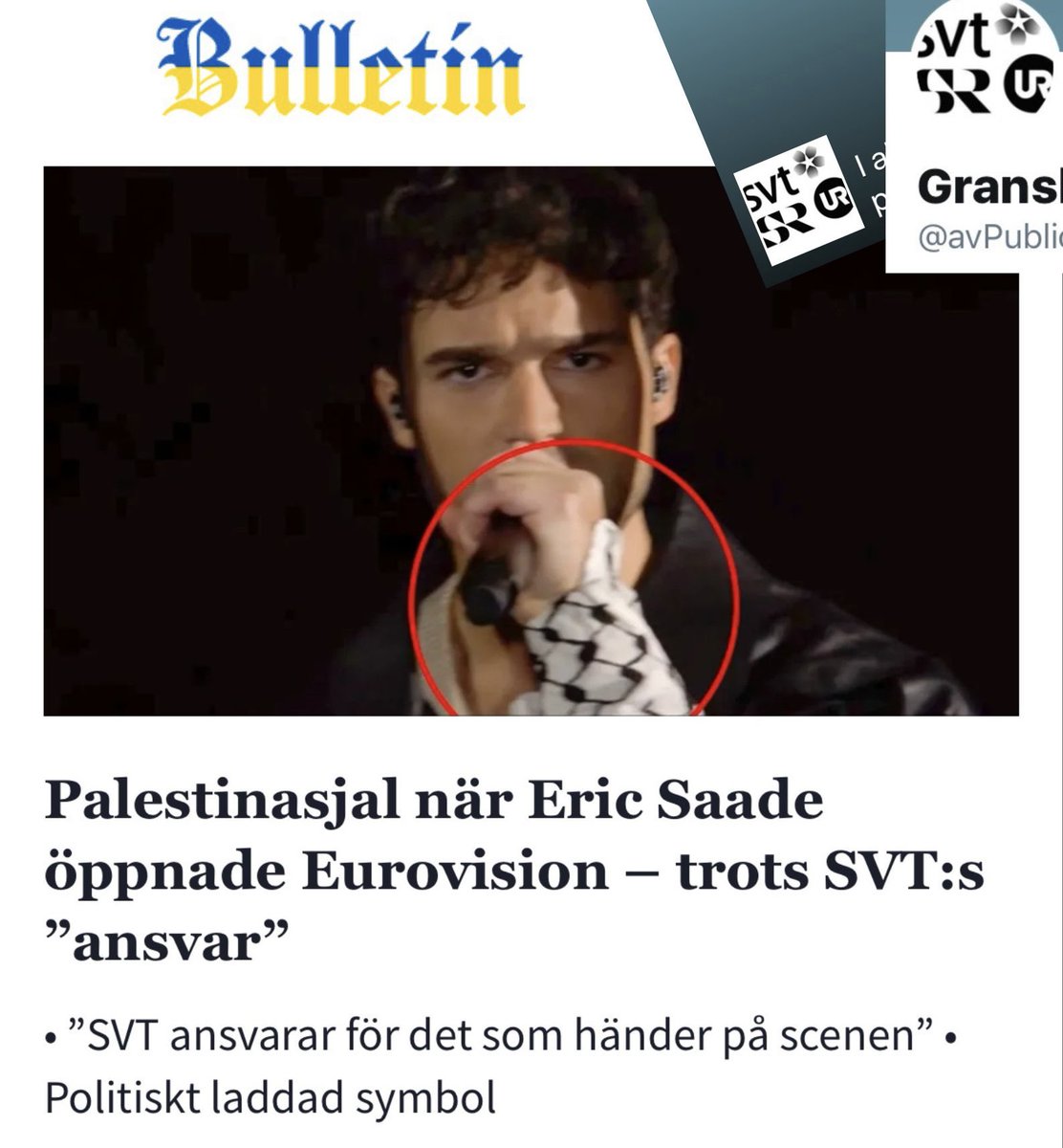 SVT:s ”självklara val” Eric Saade öppnade #Eurovision med palestinasjal Eric Saade har varit tydlig med sitt stöd för Gaza i kriget mellan Israel och terrorgruppen Hamas. Han har bland annat skrivit en debattartikel i Aftonbladet om att Israel ensidigt ska stoppas från…