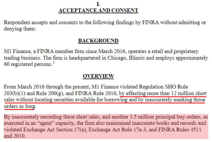 FINRA charges M1 Finance with failing to locate / mismarking over 12 Million short sales since March 2016. Also known as... Naked Short Selling.