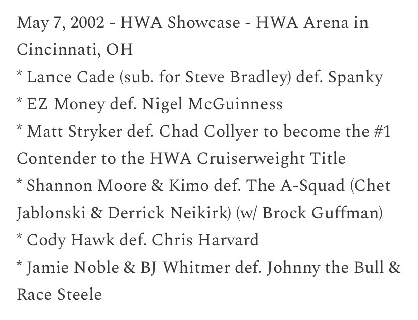 Today in @HWAOnline history 

2002 - HWA Showcase in Cincinnati, OH feat. @McGuinnessNigel @chadcollyer @TheShannonBrand @BROCKGUFFMAN @CodyFnHawk + Race Steele, Lance Cade, Johnny the Bull and more!

Full results: