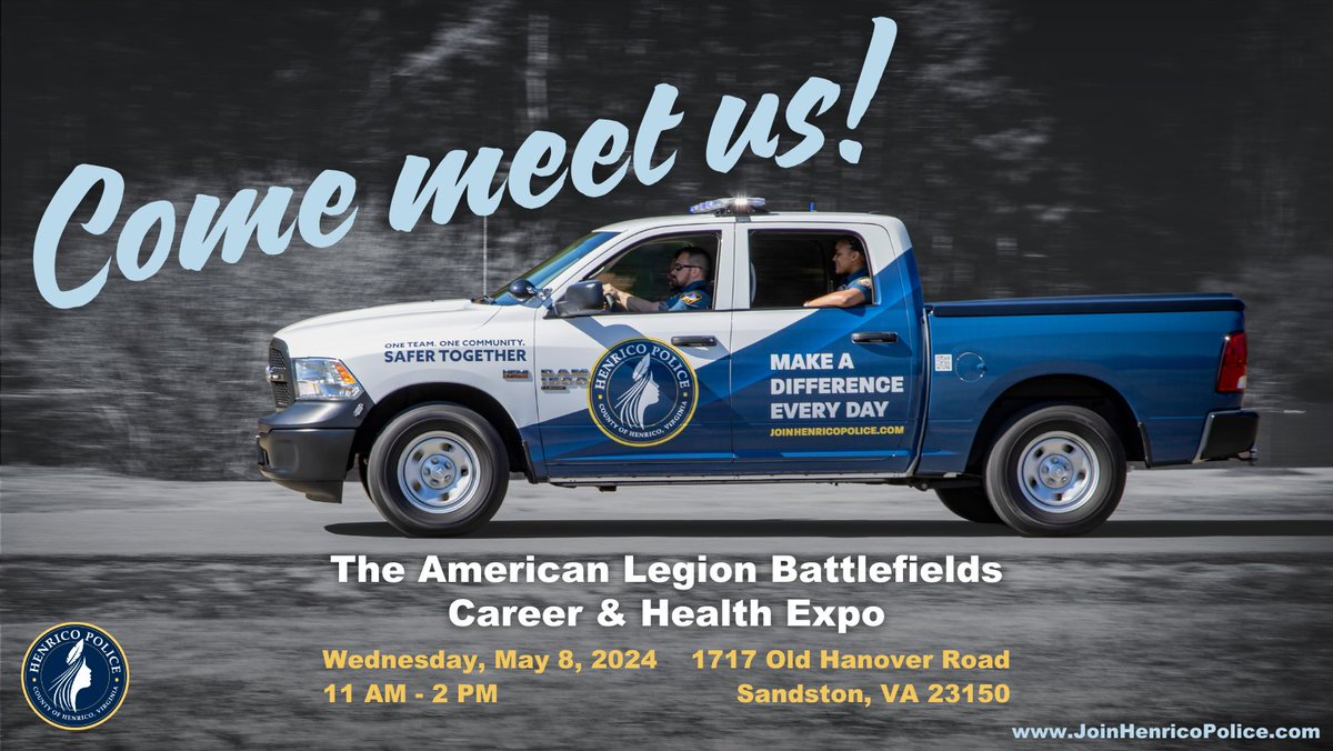 Are you interested in becoming a Henrico County Police Officer and learning about the many career paths we offer? Come talk to us at the @AmericanLegion Post 144 Battlefields Career & Health Expo tomorrow from 11 AM-2 PM!

This event is in partnership with @WorksCareer
