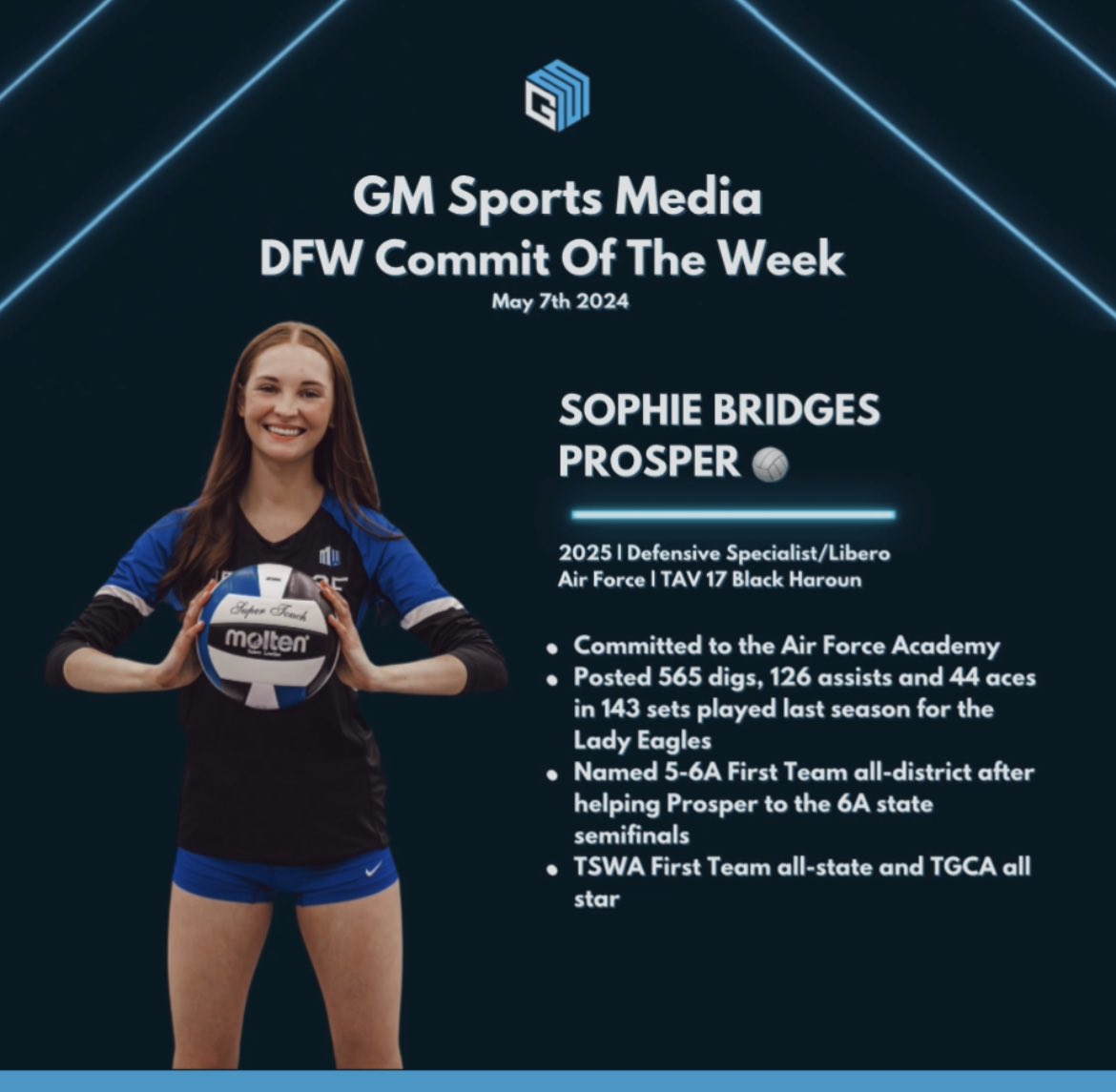GM SPORTS MEDIA DFW COMMIT OF THE WEEK ‼️‼️ May 7th 2024 SOPHIE BRIDGES | PROSPER 🏐 2025 DS/L | Air Force ⭐️ The Eagles reached the 6A state semifinals ⭐️ 1st team all district, 1st team all state and a TGCA all star after posting 565 digs and 44 aces in 143 sets played