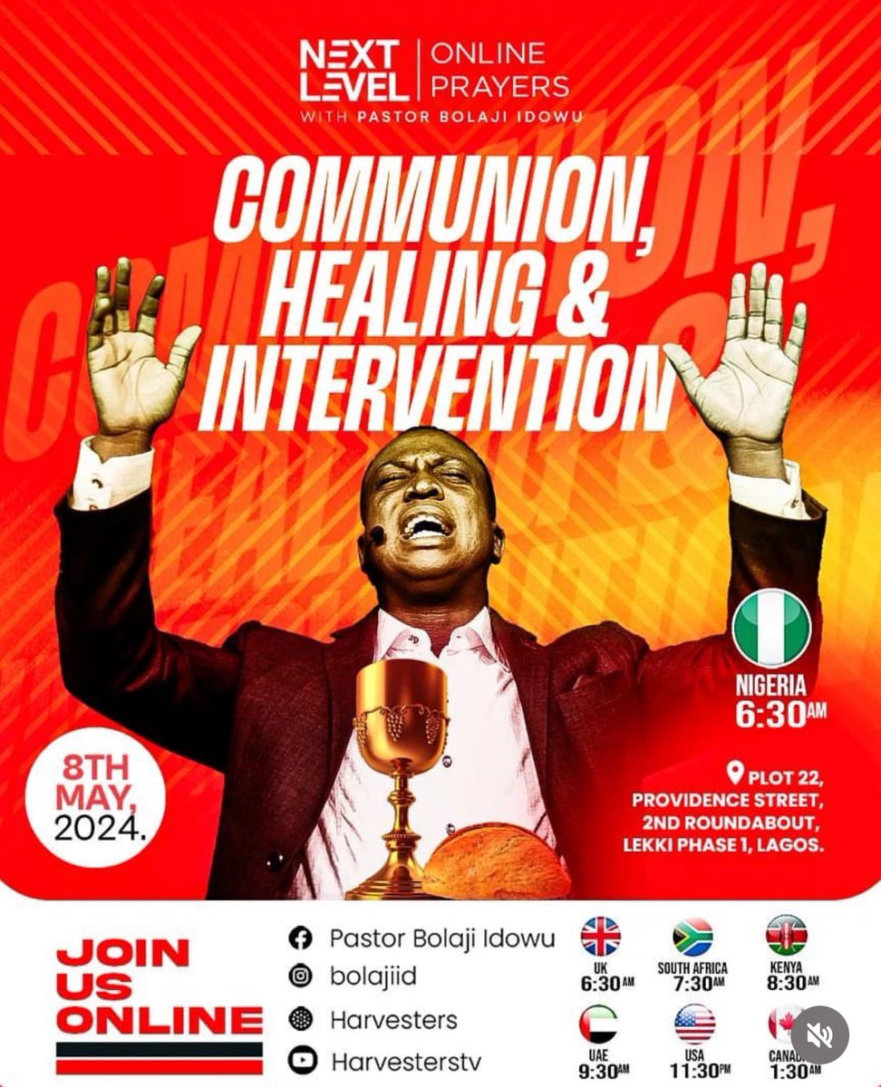 #NLP Communion, Healing & Intervention Service 🔥

Join us Online/On-site this #Wednesday 

Invite your friends, family & colleagues 👍

#May8th
#WordBasedPrayers
#NextLevelPrayers 
#NLPWithPastorBolaji