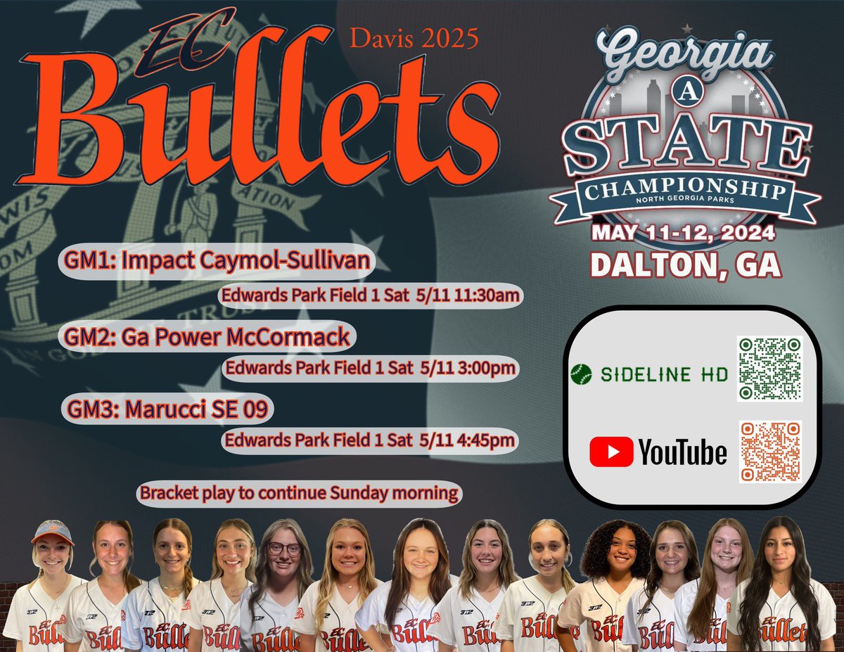 Back in Dalton this weekend! Playing in the PGF Georgia State “A” tournament! This will be a great opportunity for us to to play some quality opponents. Follow along on YouTube and Facebook. <a href="/EastCobbBullets/">EC Bullets Fastpitch</a> <a href="/PGFnetwork/">PGF</a> <a href="/ImpactRetweets/">Impact Promotions</a> <a href="/ExtraInningSB/">EXTRA INNING SOFTBALL</a>