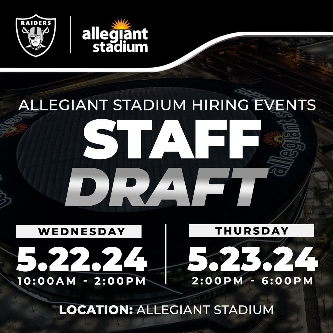 Interested in working at Allegiant Stadium? Save the date and attend our in-person hiring events on Wednesday, May 22 from 10 AM to 2 PM and Thursday, May 23 from 2 PM to 6 PM. More information and pre-registration: allegiantstadium.com/jobs