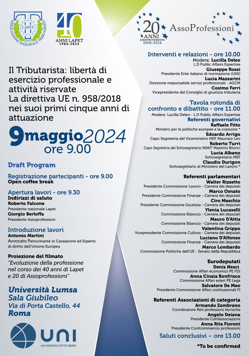 Per chi volesse, giovedì #9maggio sarò all'#anniversario della LAPET e di AssoProfessioni con un #programma #straordinario in #termini di #relatori e #invitati...

#Confassociazioni #laretedellereti #associazioni #professionisti