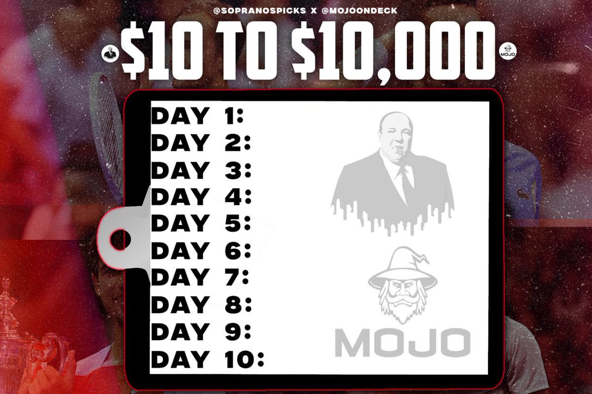 SopranosPicks's tweet image. 🔫🧙🏼‍♂️Mojo x Soprano Ladder🧙🏼‍♂️🔫
@MojoOnDECK | $10 -&amp;gt; $10,000🪜

Starting a FRESH ladder challenge with my boy Mojo 🔮🏦 

Two of the hottest tennis cappers on X collabing🧙🏼‍♂️🔫🔥

Day 1 is ready to be posted… All we need is 600 Likes/RT’s and it’s yours…

Show us SOME 🤍🧙‍♂️🔫