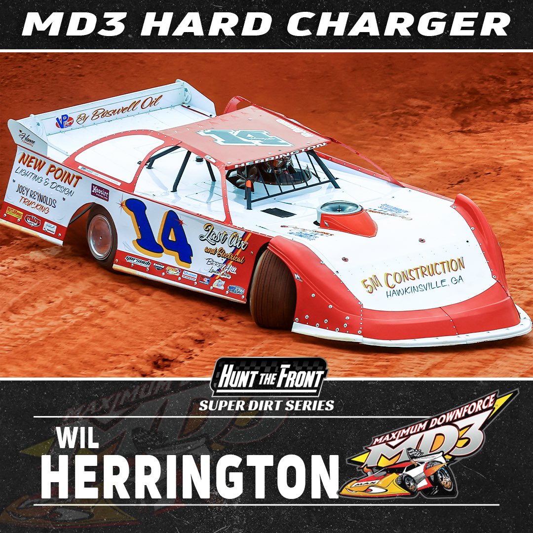 “The Hawkinsville Hustler” @WilHerrington14 put on an incredible show at @ULTIMATEandRV on Friday night as he drove from 25th-to-3rd to be the MD3 Hard Charger! 𝗧𝗼𝗽-𝟱 𝗛𝗮𝗿𝗱 𝗖𝗵𝗮𝗿𝗴𝗲𝗿 𝗦𝘁𝗮𝗻𝗱𝗶𝗻𝗴𝘀: 1. Wil Herrington - 29 2. Bo Slay - 27 (-2) 3. Sam Seawright -