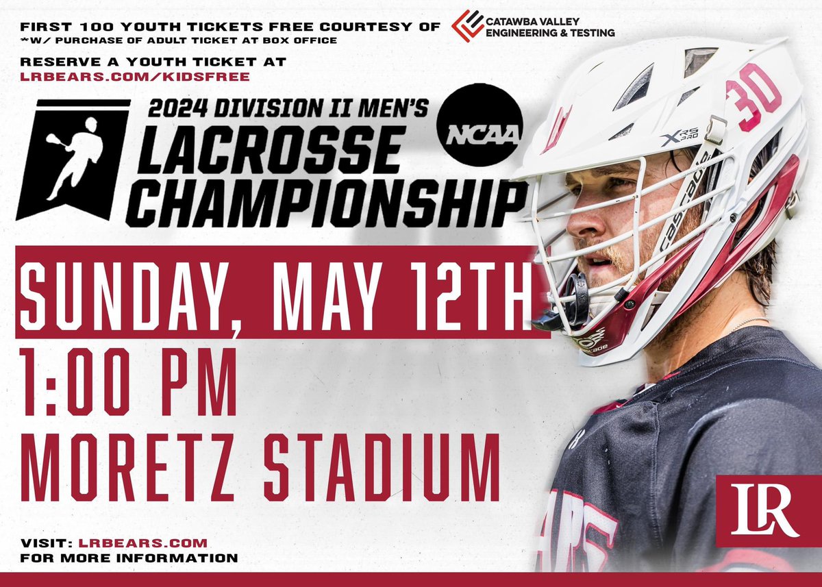 HELP US PACK MORETZ STADIUM‼️ Catawba Valley Engineering and Testing is sponsoring the first 100 Youth Tickets. Reserve your ticket at lrbears.com/kidsfree Tickets collected at box office. Must purchase adult ticket to receive free youth ticket. GO BEARS!