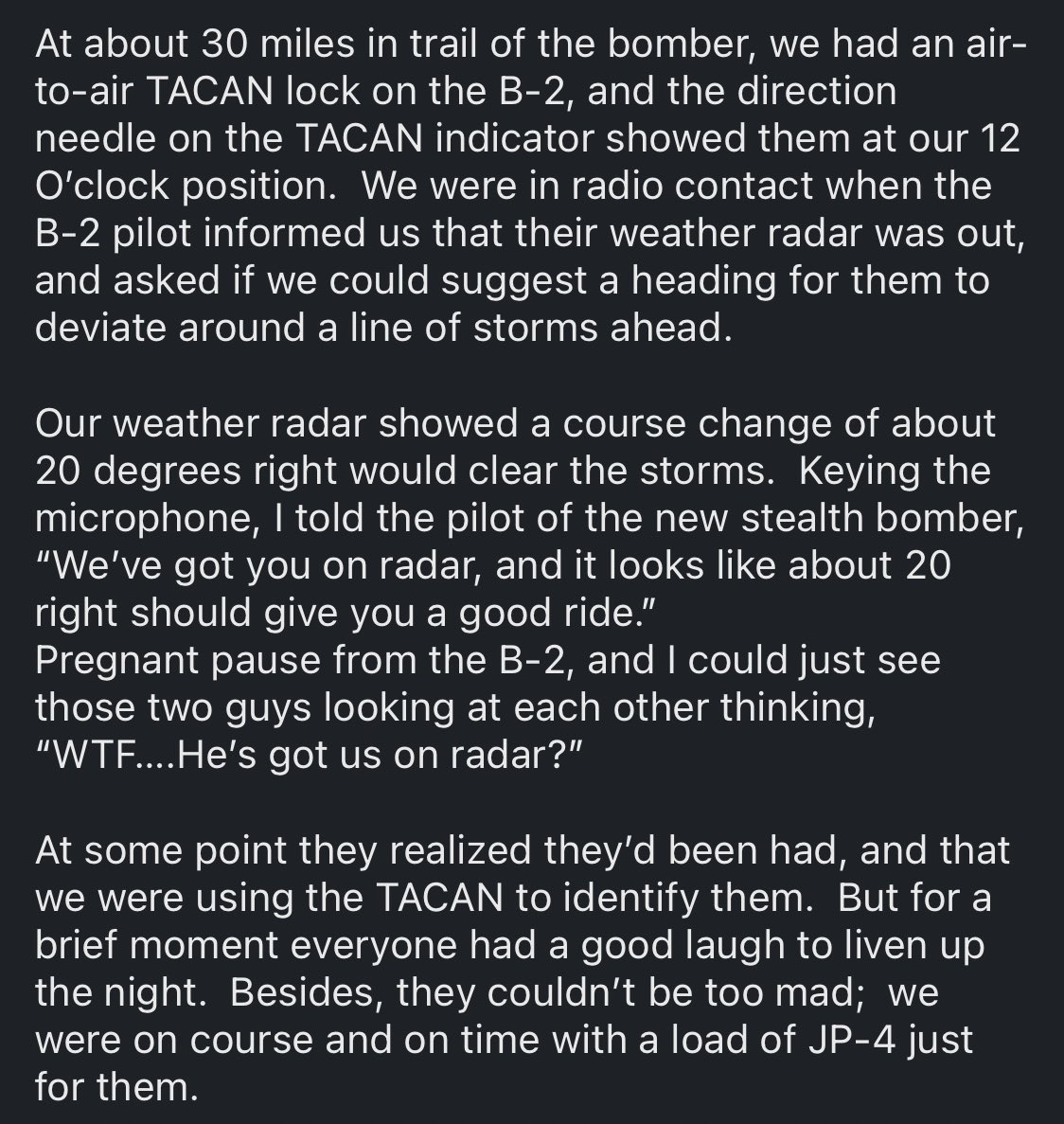 @MCCCANM It’s not mine but I found it when searching for the OTHER B-2 story I assume everyone knows (about it being caught on radar). Enjoy..