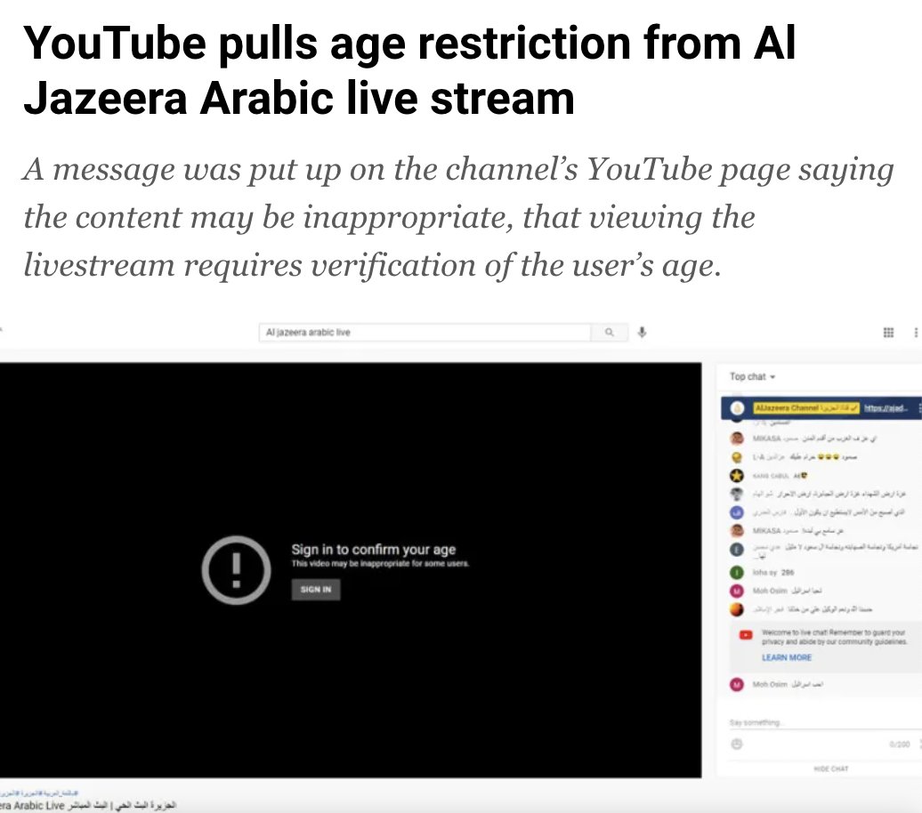 What is going on here?? This isn't the only time that @youtube has added inappropriate age restrictions - in 2021 they put an age restriction on @AlJazeera Arabic. If you have any tips regarding censorship at Youtube, let us know: ✉️ tipline@techforpalestine.org