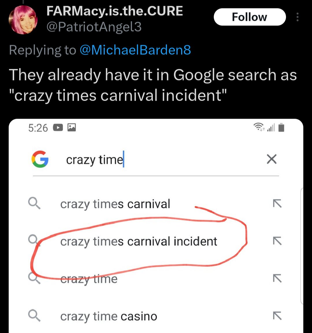 @QOrigins oh my god, i totally forgot about that until now, they were all Google searching 'crazy times carnival incident' so it became a search query suggestion bc so many of them used those terms together and then they pointed to that as evidence it was a planned false flag lmao