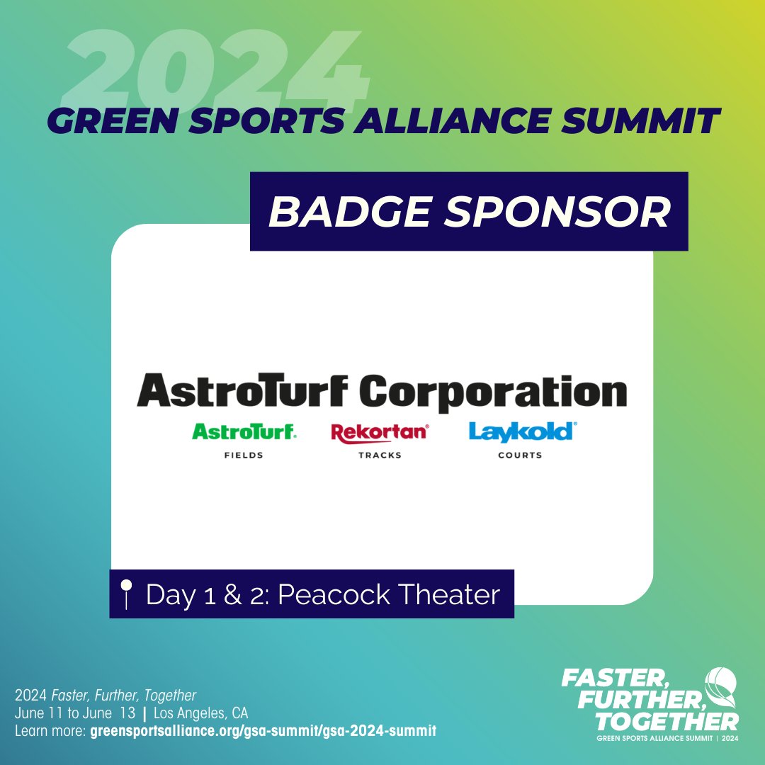 Welcome @astroturfUSA as a badge sponsor for 2024 Green Sports Alliance Summit: Faster, Further, Together. Thank you to #astroturf for supporting #GreenSports. We look forward to seeing you in LA. Click here to secure your ticket 🔗 greensportsalliance.org/gsa-summit/202… #FasterTogether