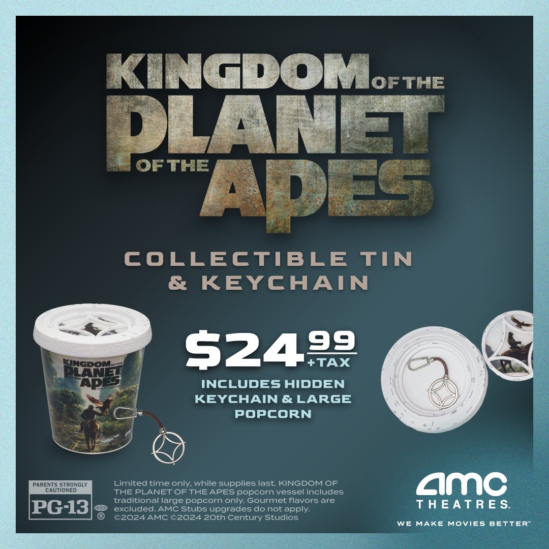 Take home a piece of the kingdom when you see Kingdom of the Planet of the Apes. Add to your artifact collection with this collectible vessel with a hidden keychain, including Large popcorn. On sale 5/9, while supplies last. amc.film/3QF2pjN