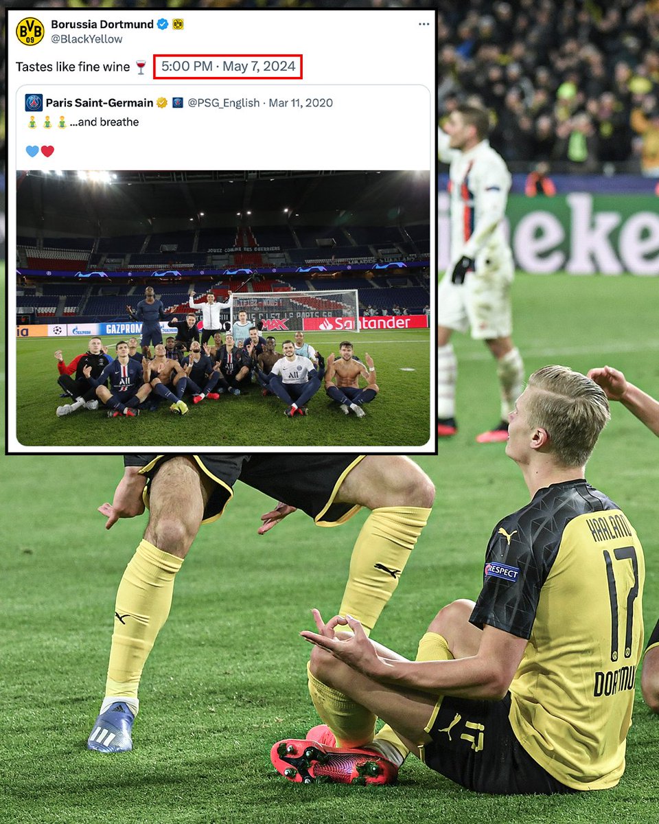 PSG players did Haaland's meditation celebration after eliminating Dortmund from the UCL in 2020. Dortmund kept the receipts and just clapped back 😂