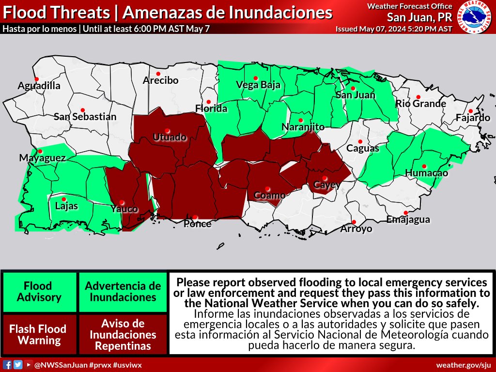 Estas son las amenazas de inundaciones hasta ahora al menos hasta las 6:45 PM AST. Se podrían emitir advertencias/avisos adicionales.

These are the flood threat so far at least until 6:45 PM AST. Additional advisories/warnings are possible. 

#PRwx