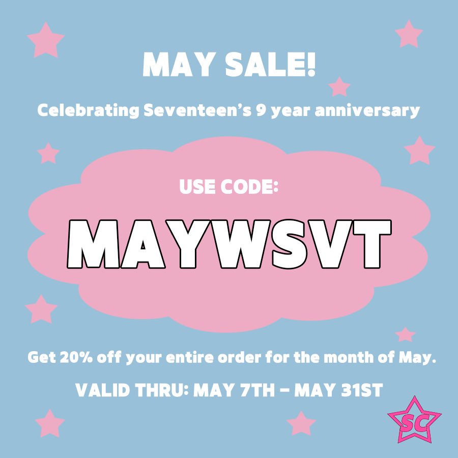 MAY SALE ✨

To celebrate Seventeen’s 9 year anniversary coming up you can use the code above to get 20% off your entire order for the month of May! This includes all products on the shop as well as any pre-orders both valid on my website and Etsy 💓

Happy shopping 🛒