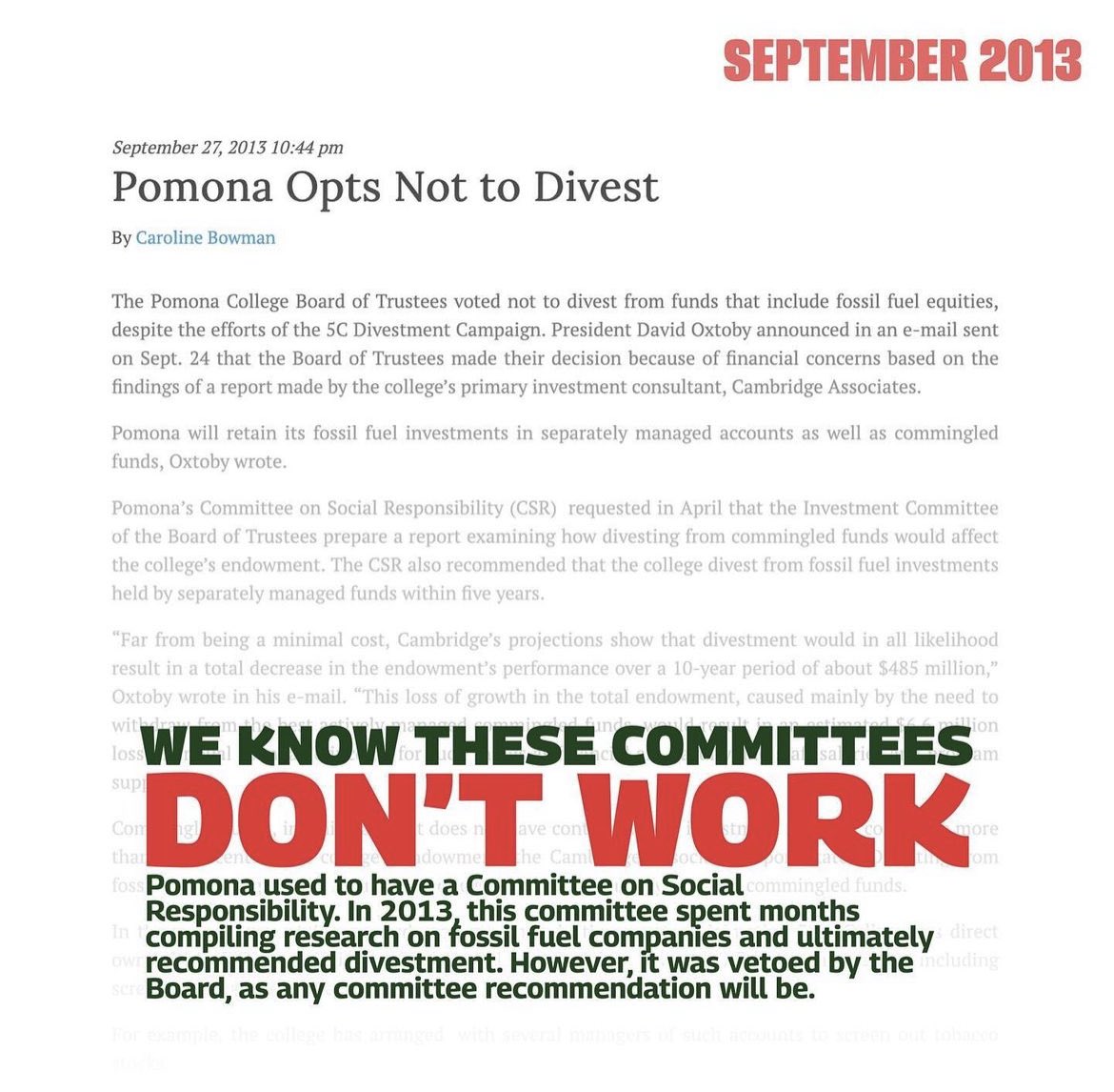 pomona divest apartheid and divest 5Cs so fucking real for this