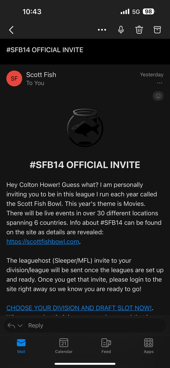 Excited to officially get the invite to #SFB14 and take part in my first ever @ScottFish24 Bowl! 

Qualified last year by placing atop the ranks in the Season Long @UnderdogFantasy Competition. 

Can’t wait to get the season started and represent for @Super70FFLeague.