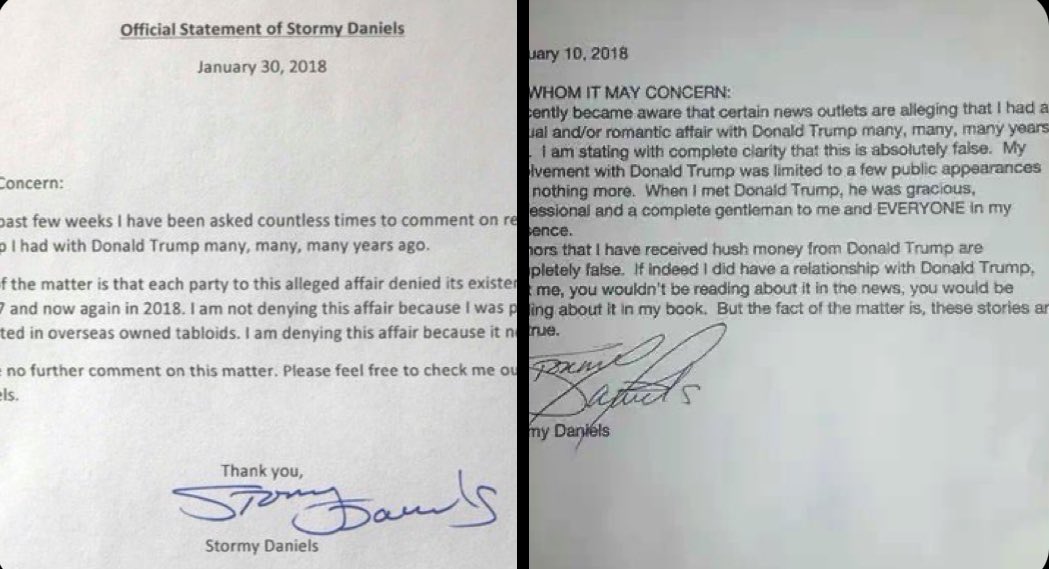 SOMEONE PLEASE EXPLAIN TO ME WHY THE CASE HAS NOT BEEN DISMISSED IF
#StormyDaniels signed two letters stating the affair with President Trump never happened and denying “hush money”

January 10, 2018 letter
January 30, 2018 letter