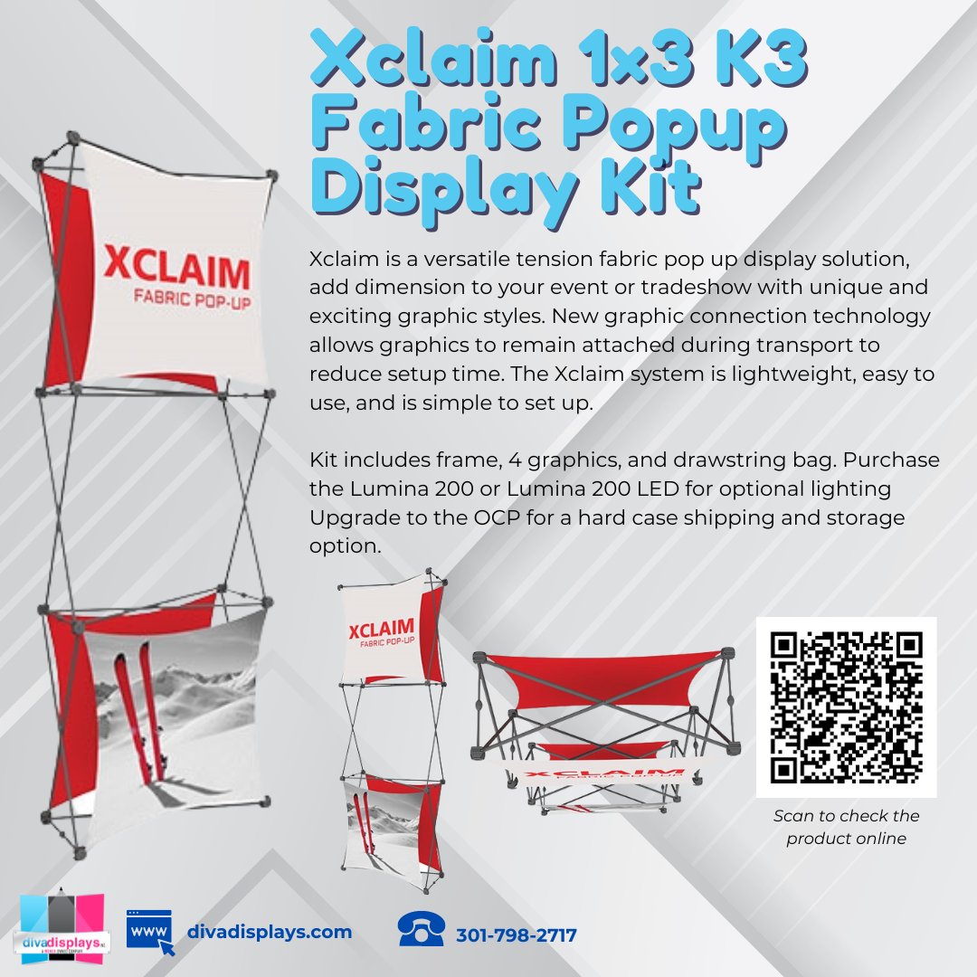 Customize your event or tradeshow with unique graphic styles, and add optional lighting for that extra wow factor! Purchase now and experience the versatility and ease of the Xclaim system. #XclaimPopup #TradeShowEssentials #DivaDisplays