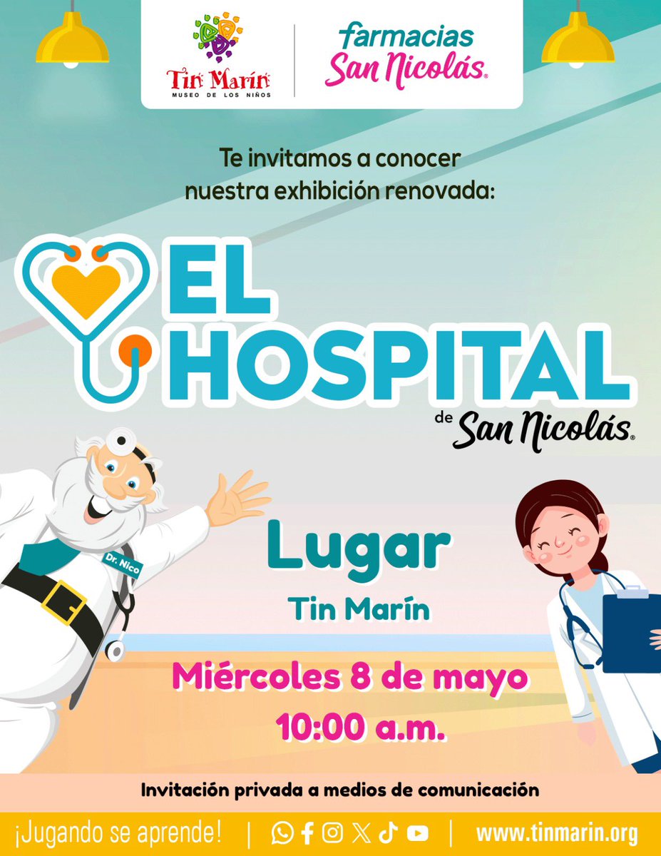 📣Convocatoria a medios de comunicación📣

Tin Marín y Farmacia San Nicolas, te invitan a la inauguración de la exhibición: "El Hospital de San Nicolás". 🏥👩‍⚕️👨‍⚕️

📆Día: Miércoles 8 de mayo
🕙Hora: 10:00 a.m.

¡Les esperamos! 😊
