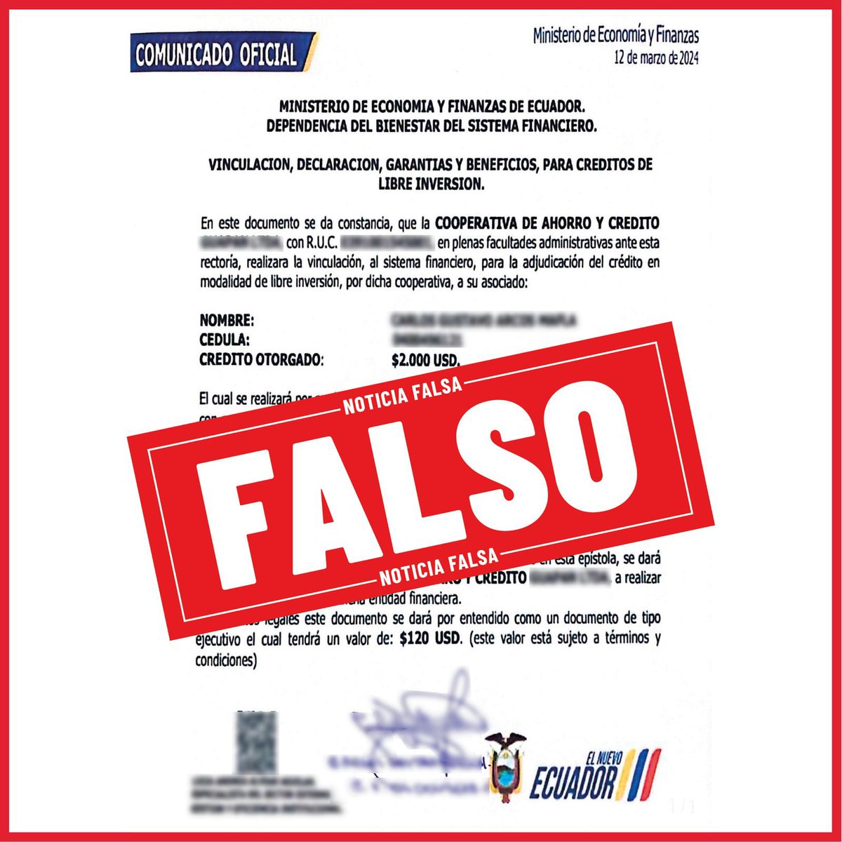 🚫 ¡No caigas en estafas! @FinanzasEc no contacta a las personas para pedir dinero ni otorga créditos. ✋ No otorgues información personal o financiera a entidades desconocidas. 🤝 Canal de denuncias: denuncias@finanzas.gob.ec #ElNuevoEcuador