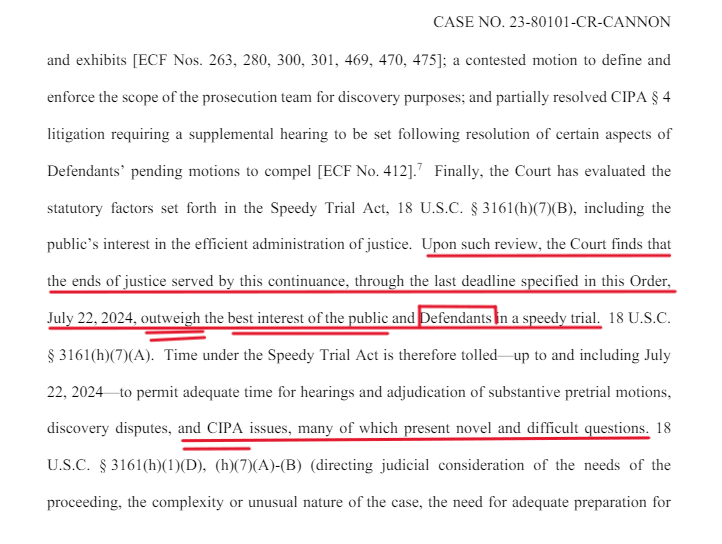 THIS Is exactly what Jack Smith has been waiting for. THIS Delay! Delay! Delay! By Judge Cannon, Translates as: 'I don't understand CIPA and cannot handle the amount of 'My Heroes' counter filings.' NOW the 11th Circuit can take action. 5pg ruling attached #ProudBlue #DemVoice1