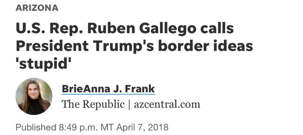 “I’m not against border walls,’ @RubenGallego told this @NRO reporter. This is the guy who wrote a 2017 op-ed for @azcentral entitled, 'Why We Should Not Build Trump's Border Wall (Ever), he called it 'stupid & dumb' on the floor of Congress. Ruben is running from his radical…